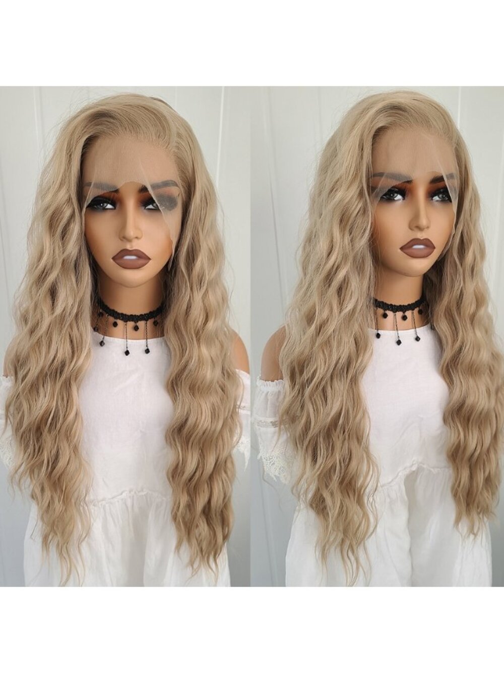 Long Wavy Ash Blonde Mix Lace Front Heat Resistant Fiber Wigs Women Soft Natural